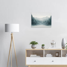 Pacific Northwest landscape poster with misty forest and layered mountains