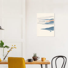 Minimal Bay Area fog poster with layered hills and distant bridge