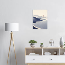 Woodblock style Bay Area fog poster with Golden Gate Bridge and coastline