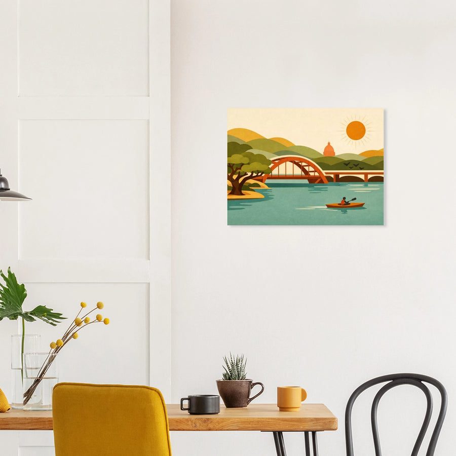 Austin skyline at sunset with kayaker