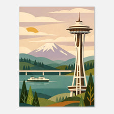 Mid-century modern Seattle poster with Space Needle and Mount Rainier