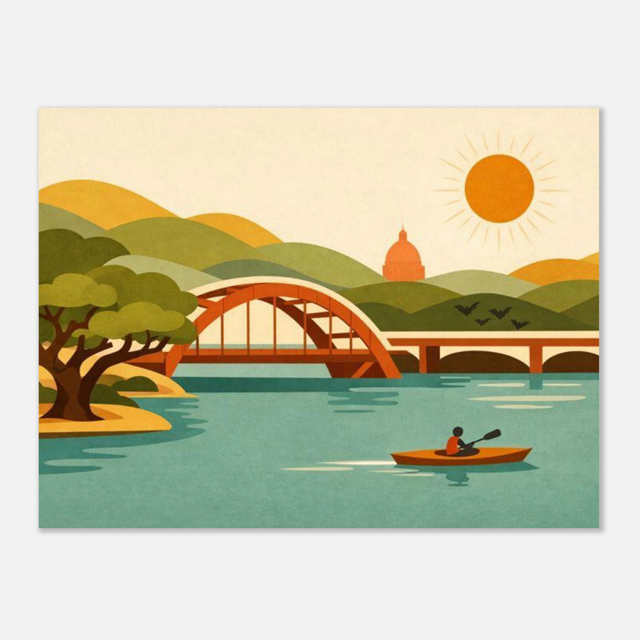 Austin skyline at sunset with kayaker