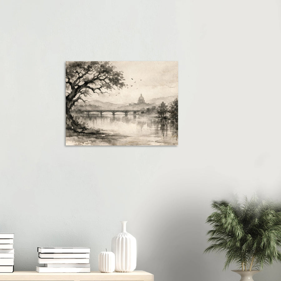 Wabi-sabi ink wash painting of Austin