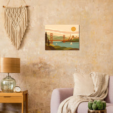 Mid-century modern San Francisco poster with Golden Gate Bridge and sunlit hills