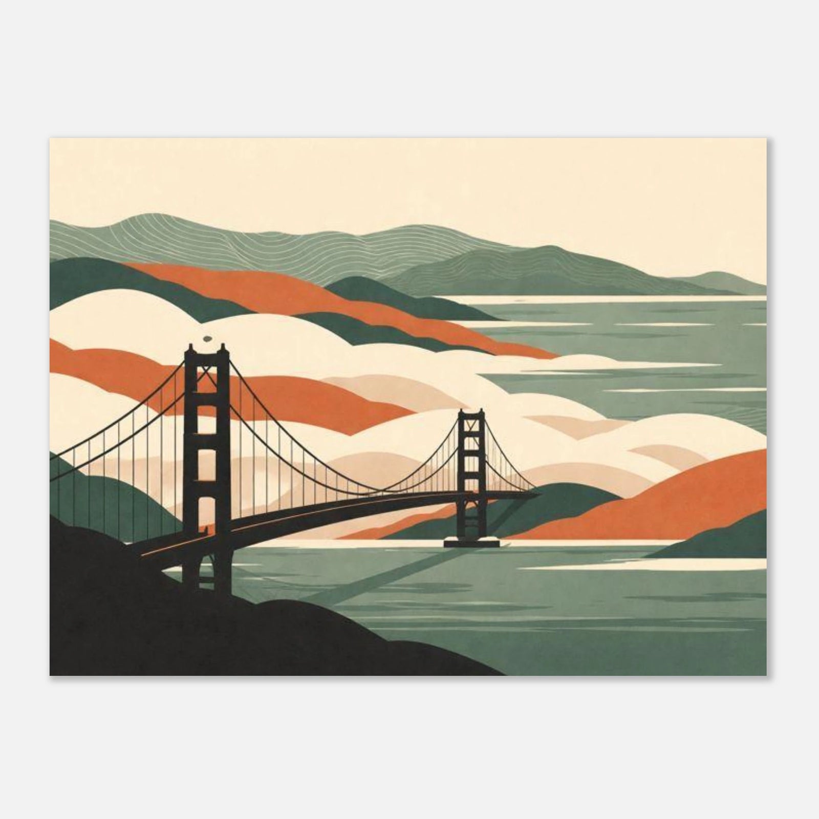 Golden Gate Bridge poster with layered hills and bay contours in warm tones