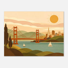 Mid-century modern San Francisco poster with Golden Gate Bridge and sunlit hills