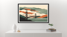 Golden Gate Bridge poster with layered hills and bay contours in warm tones