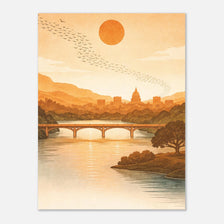 Austin warm sunset poster with skyline, bridge, and birds