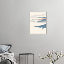 Minimal Bay Area fog poster with layered hills and distant bridge