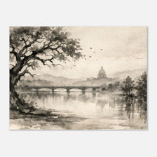 Wabi-sabi Austin ink wash poster with Capitol dome and river