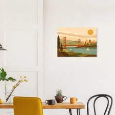 Mid-century modern San Francisco poster with Golden Gate Bridge and sunlit hills
