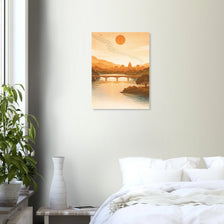 Austin warm sunset poster with skyline, bridge, and birds