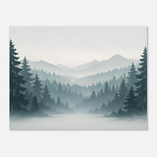 Pacific Northwest landscape poster with misty forest and layered mountains