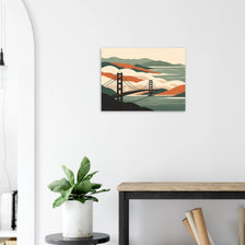 Golden Gate Bridge poster with layered hills and bay contours in warm tones
