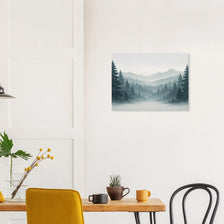 Pacific Northwest landscape poster with misty forest and layered mountains