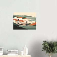 Golden Gate Bridge poster with layered hills and bay contours in warm tones