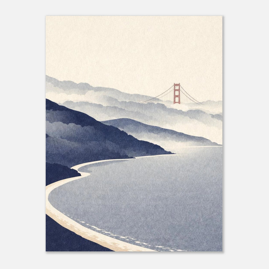 Bay Area Fog Minimal Poster in woodblock style