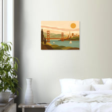 Mid-century modern San Francisco poster with Golden Gate Bridge and sunlit hills